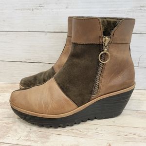 Fly London Yime Tan patchwork wedge boots  p500427005